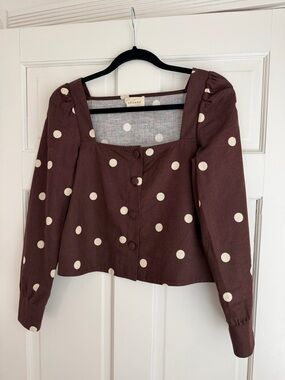 Sézane Brown Linen Polka Dot Square Neck Blouse, Size 34